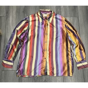 Como Vintage Woman multi Silk Striped Button Up Shirt Top Sz 12 A004693
